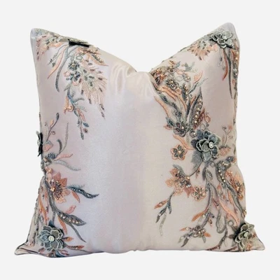 Blush Elegance Silk & Beads Embellished Luxury Throw Pillow - Insert Included  - Image 1 of 4