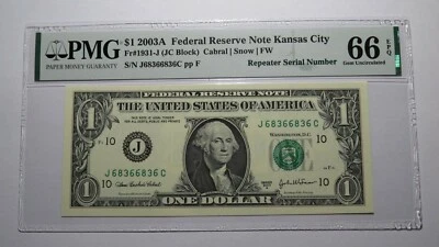$1 2003 Repeater Serial Number Federal Reserve Currency Bank Note Bill PMG UNC66 - Image 1 of 3