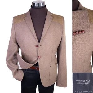 Topman Herringbone Beige Blazer Sport Coat Jacket Size 42R 3-Button Extra Slim - Picture 1 of 15