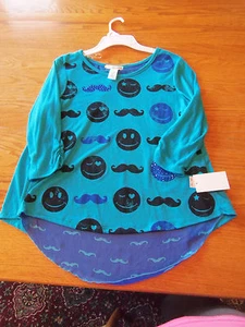 GIRLS SELF ESTEEM TEAL AND BLUE SMILEY FACE MUSTACHE RHINESTONE SHIRT XL - Picture 1 of 4