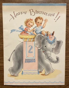 Vintage 1940s Happy Birthday Greeting Card 2 Year Boy & Girl Riding Elephant P2D - Picture 1 of 16