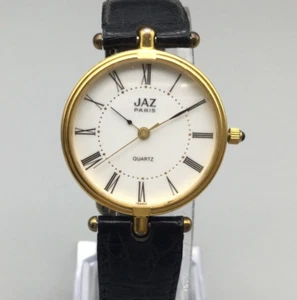 Vtg Jaz Paris Watch Women 30mm Gold Tone Black Leather Band New Battery - Picture 1 of 15