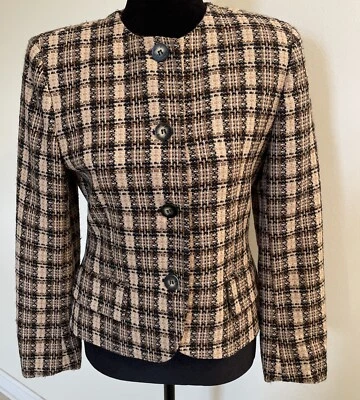 Винтажный Jones NY коричневый черный желтовато-коричневый клетку блейзер размер 4P 4 кнопки 100% шерсти воротникless - Изображение 1 из 4