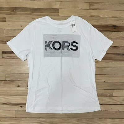 Camisa Michael Kors Para Hombres Gráfico Logo Blanca Manga Corta Crew KORS Spellout XL Foto 1 de 3