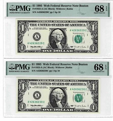1995 $1 Federal Reserve 'WEB' Notes (2 consecutive notes) PMG 68 EPQ- TOP POP! - Image 1 of 4