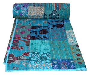 Handmade Cotton Vintage Patchwork Twin Kantha Quilt Indian Bedspread - Picture 1 of 4