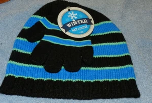 Small boy's Black & Blue Striped Knit Hat & Gloves NWT - Picture 1 of 3