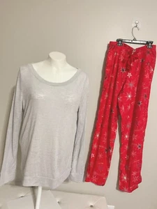 $60 Victorias Secret Flannel Pajama 2pc Set Red star Tee Solid Grey pants S M - Picture 1 of 5