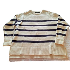 Women's Med Nautical Sweater Tunic Pullover Black Cream Stripe Soft Hi-Lo Slits - Picture 1 of 9