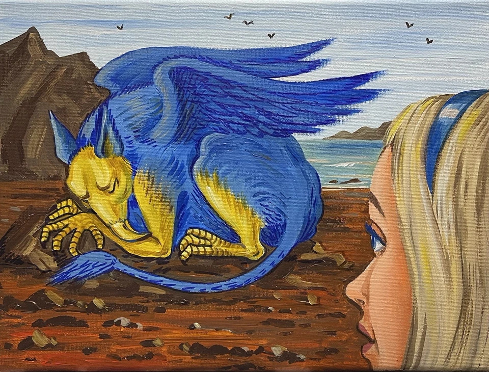 ORIGINAL PAINTING Ryta Alice In Wonderland Illustration Gryphon Dragon Beach Art - Image 1 of 1
