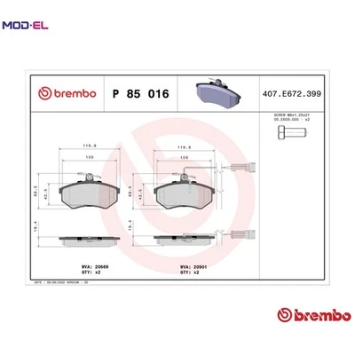 BRAKE PAD SET DISC BRAKE P 85 016 FOR AUDI 100/5000 200 4000 90 80 QUATTRO 2.0L - Image 1 of 4
