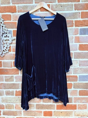 Grizas Women's Tunic Small Silk-Velvet Boho Patch Pocket Teal Blue Lagenlook New - Image 1 of 4