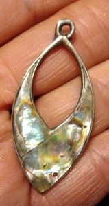 Alpaka groß offen Silber Träne Abalone Inlay Anhänger Charm Mexiko 1,5" Zeichen Vintage - Bild 1 von 13