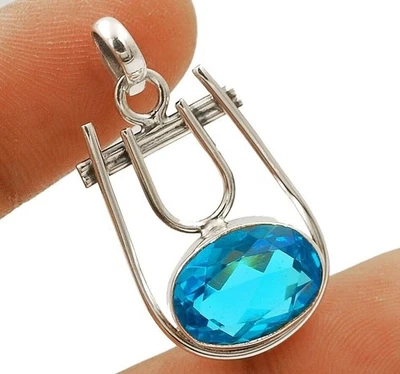3CT Flawless Blue Topaz 925 Sterling Silver Pendant Jewelry 1 1/3" Long @21-3 - Image 1 of 2