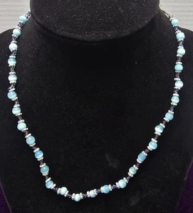 Blue Glass Cat's Rye Beaded Necklace 13 Inches  With Lobster Clasp - Picture 1 of 4