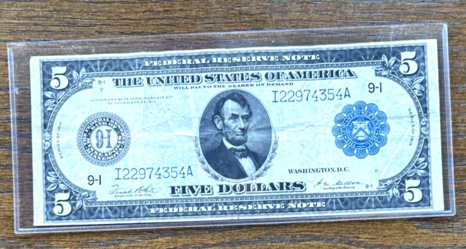 FR. 878 1914 $5 FIVE DOLLARS FRN FEDERAL RESERVE NOTE MINNEAPOLIS, MN VERY FINE - Image 1 of 4