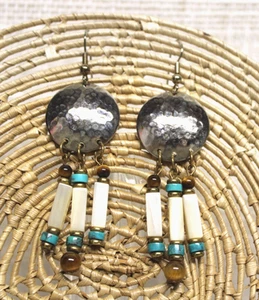 Hammered Silver Tone Concho Southwest Turquoise & Mother of Pearl Earrings - Picture 1 of 5