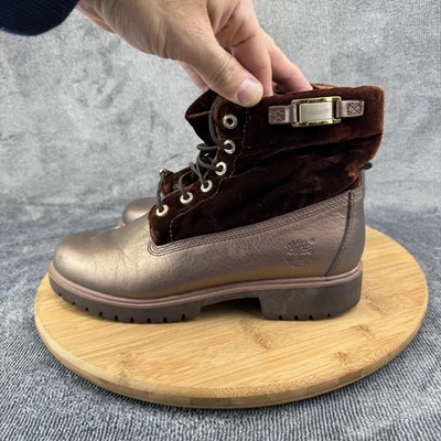 Timberland Boots Womens Size 7M Brown Leather Velvet Ankle Lace Up Lug Sole - Image 1 of 4