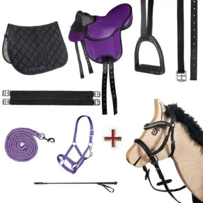 HKM Holzpferde Sattel+Glitzer Trensen+Halfter Set+Gerte KLEINE Holzpferd bis 145cm
