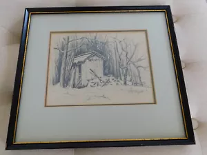 Vintage W S BRYDE Pencil Etching WOOD SHED Signed 14.5x13" Matted Framed Artwork - Picture 1 of 9