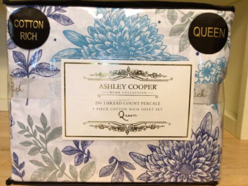 Ashley Cooper Percale Blue Mums Queen Sheet Set