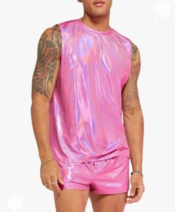 Men's 2 Piece Outfit Metallic Sleeveless Tank And Drawstring Pocket Shorts, Sz S - Picture 1 of 6