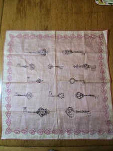 Hanky Handkerchief Virginia Zito Pink White Black Keys Vintage 14x15 - Picture 1 of 9