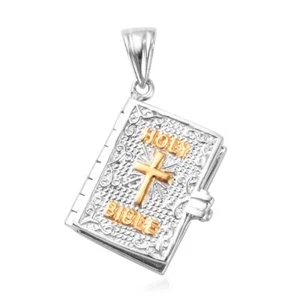 Holy Cross Bible Lord's Prayer Pendant Charm Psalm 23 YG on Sterling Silver NEW - Picture 1 of 5