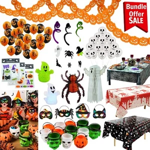 Paquete de decoración de fiesta utilería de Halloween, cubierta de mesa guirnalda espiral ollas de golosinas máscara Reino Unido - Imagen 1 de 34