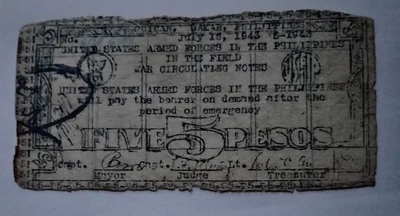 1943 Philippine Guerrilla WW2 US Armed Forces Guiuan, Samar 5 Pesos Note - Image 1 of 2