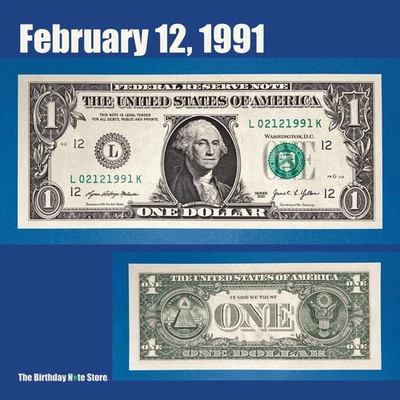 February 12, 1991 Birthday Anniversary $1 One Dollar Bill Serial Number 02121991 - Image 1 of 2