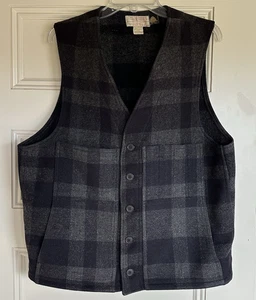 1980s Filson Mackinaw Size 44 Lrg Wool Vest Gray Black Buffalo Plaid Dry Cleaned - Picture 1 of 12