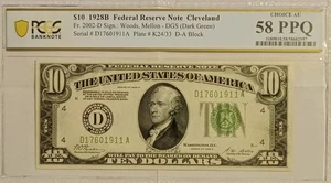 1928B $10 Federal Reserve Note Cleveland Gold on Demand PCGS AU58 PPQ Fr. 2002-D - Picture 1 of 2