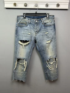 MNML Jeans Mens 32 Distressed Denim Ripped Relaxed Fit Cropped Raw Hem Pants - Picture 1 of 7