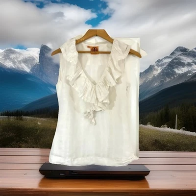 Blusa/top para mujer Tory Burch sin mangas/talla S marfil/lino crema con cuello con volantes Foto 1 de 4
