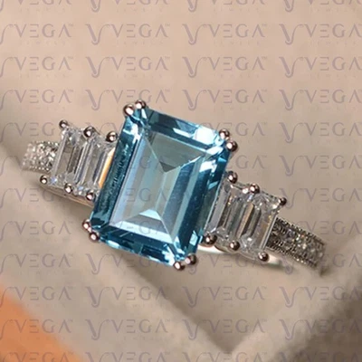 4.50Carat Emerald Cut Natural Topaz and Diamond Prong Ring 950PT Platinum Plated - Image 1 of 4