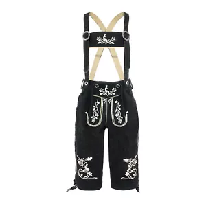 Trachten Lederhose Herren Trachtenhose Kniebundhose echt Leder Schwarz Träger - Bild 1 von 6