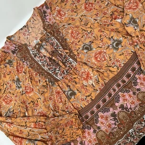 Womens Floral Print Tie Neck Shirred Lantern Sleeve Blouse Casual Shirt Top M - Picture 1 of 16