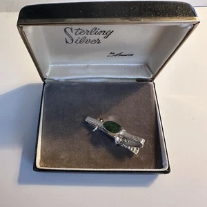 Anson Sterling Silver Dark Gree Cabochon Center Tie Clip Bar Clasp Vintage Rare - Picture 1 of 5