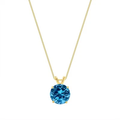 Collar Colgante Solitario Diamante Creado Azul Oro Amarillo 14K Redondo 3 Ct 18" Foto 1 de 3