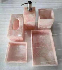5 pc Bathroom accessories set | handcrafted | Pink | Rose Quartz | soap dispense - Picture 1 of 9