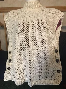 Women's HANDMADE OFF-WHITE AMELIA Crochet Poncho/Shawl CAPE-BUTTONED One sz NEW - Picture 1 of 12
