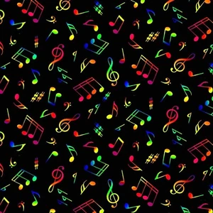 Stoff Regenbogen Neon Musik Notizen schwarz auf schwarz ELIZABETH Baumwolle 1/4 Yard 295 - Bild 1 von 6