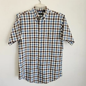 Arrow Shirt Mens Small Brown Blue White Plaid Check Short Sleeve Button Up - Picture 1 of 10