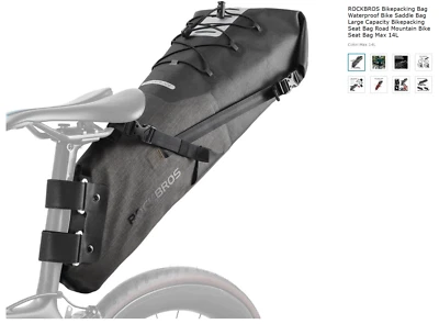 ROCKBROS Bikepacking Bag Waterproof Bike Saddle Bag Large 14L Capacity - Image 1 of 3