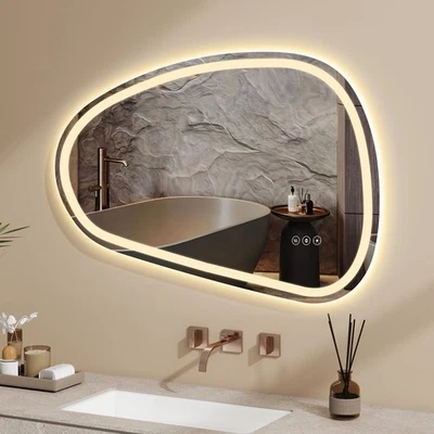 PULUOMIS Pebble Shaped LED Demister Bathroom Mirror Illuminated Wall Mounted Touch Sensor