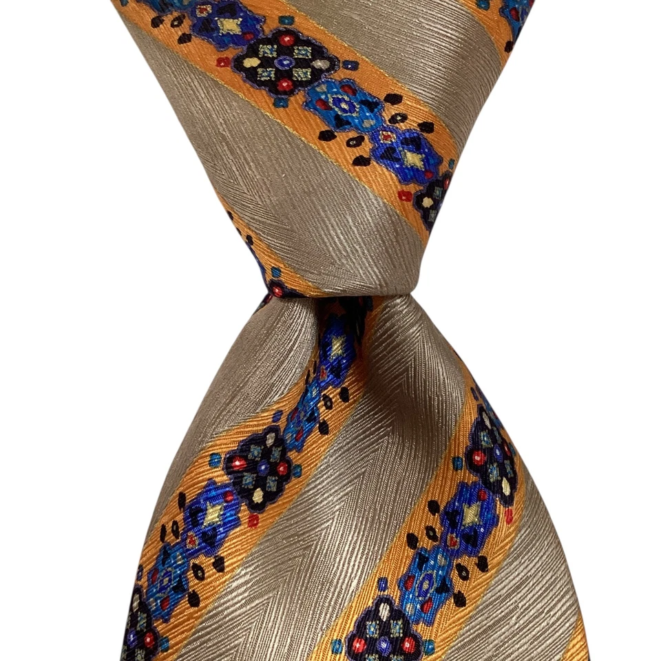 STEFANO RICCI 男式 100% 真丝 XL 领带意大利豪华条纹棕褐色/橙色/蓝色 GUC — 第 1/3 张图片