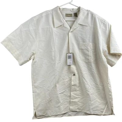 Натуральный выпуск мужская гавайская рубашка XL вышитые пальмы слоновой кости новый с Ярлыками - Изображение 1 из 4