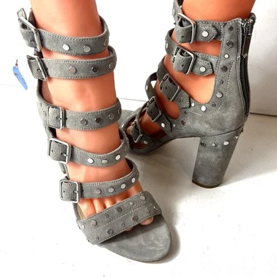 Sandalia Sam Edelman Mujer 7.5 M Gris Gamuza Tachonada Jaula Tacón Ultra Alto Punta Abierta Foto 1 de 4