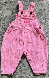 Vintage Kid’s OshKosh B'gosh Pink Striped Denim Bib Overalls - 6-9 Months - Picture 1 of 4
